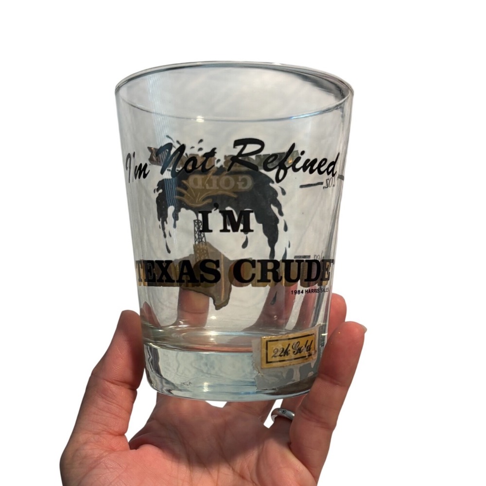 Vintage 1984 Texas Black Gold Crude Oil 22k Gold Rocks Glass Harris Sales